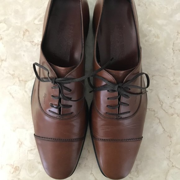 Ferragamo Mens Oxford Cognac Leather Lace Ups Cap Toe Sz 9.5 D - Picture 2 of 15